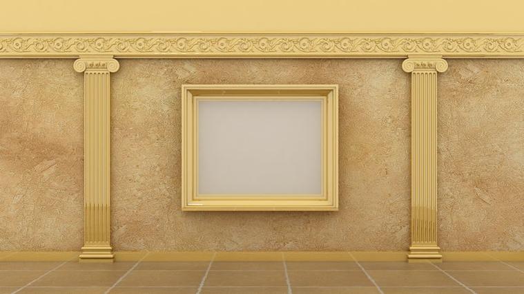 图片金色框架,采用石膏装饰的爱奥尼亚希腊元素和石灰华大理石地板柱